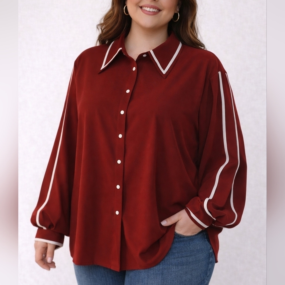 JASAMBAC Wine White Cut-out Long Sleeve Button Down Shirt Size 2X